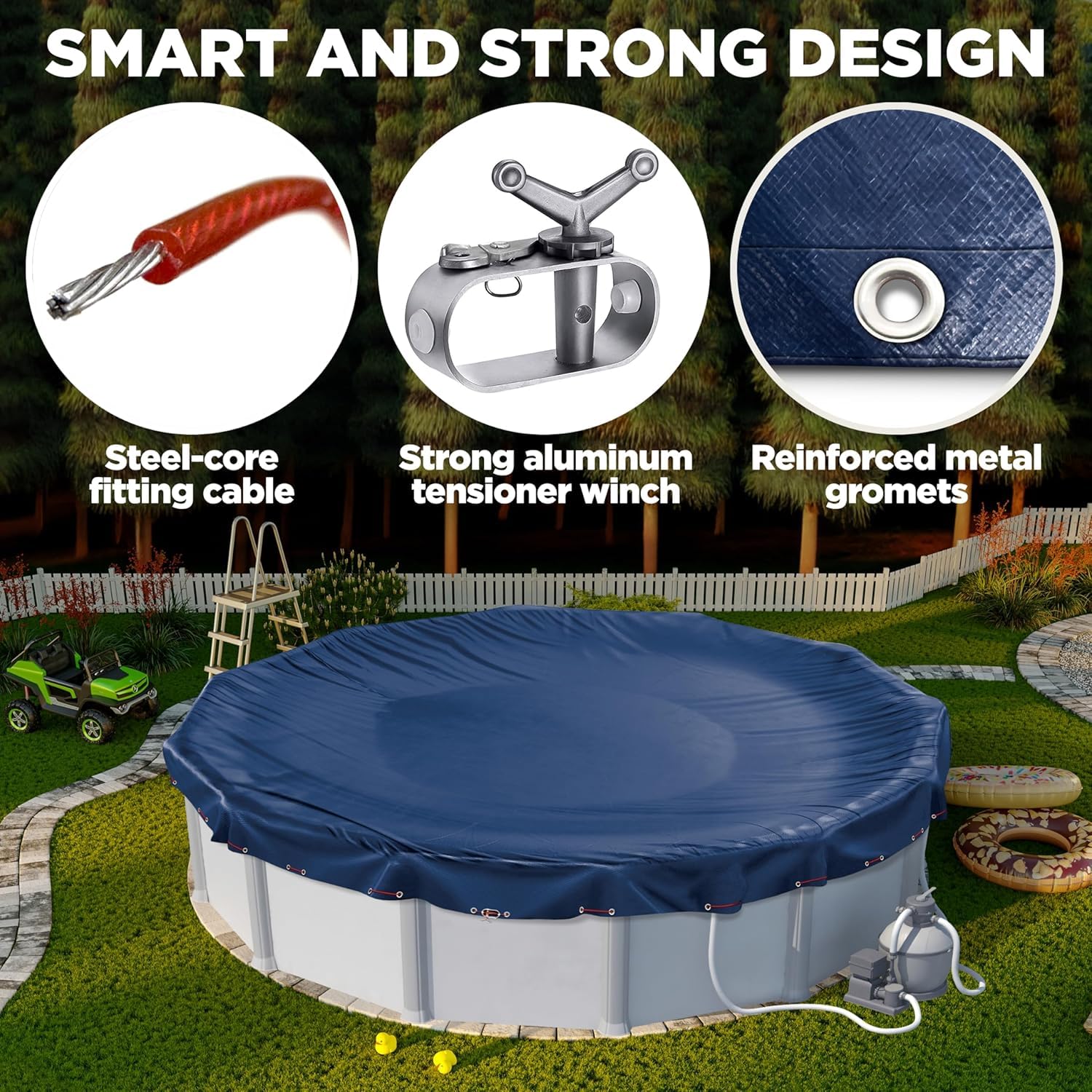 24 ft Round Pool Cover for Above Ground Pools, Above Ground Pool Cover, Swimming Pool Cover, Winter Pool Cover, Keeps Out Debris, Cold and UV Resistant, Supreme Mesh, Navy Blue - Image 6